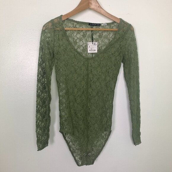 NWT Stradivarius Green Lace Corset Bodysuit - Picture 3 of 9